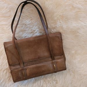 Vintage light brown leather handbag brass details